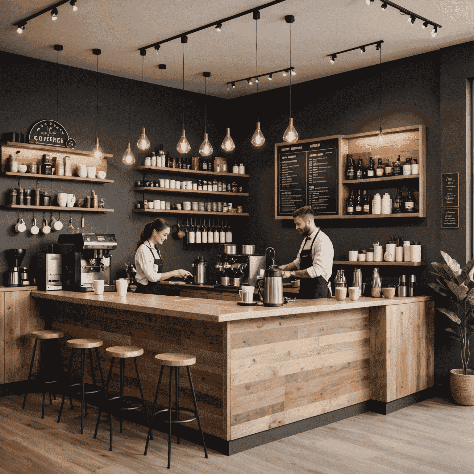 A modern coffee shop interior with baristas experimenting with new brewing methods and customers enjoying innovative coffee drinks