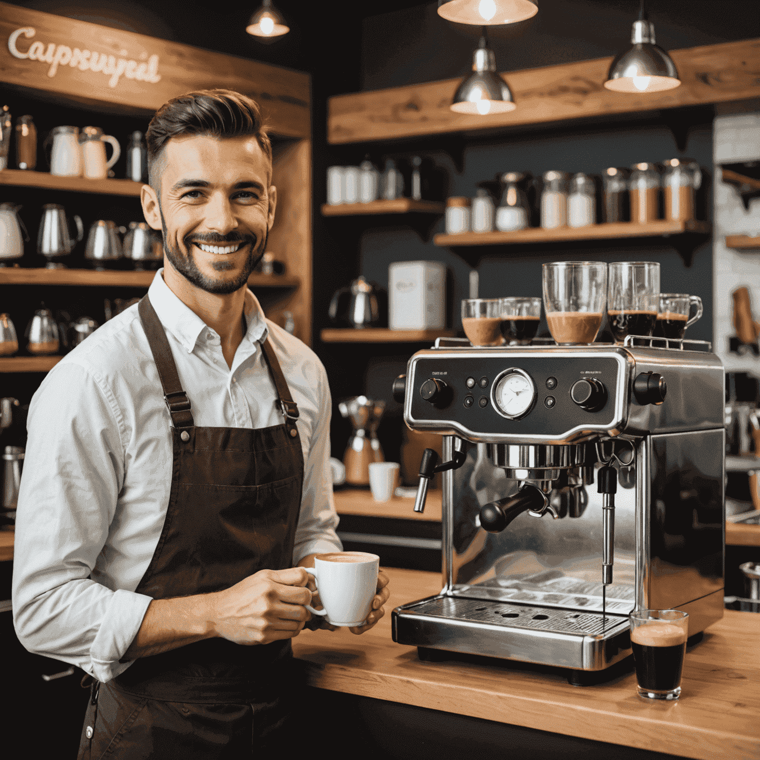 A smiling barista champion holding a trophy and a cup of coffee, standing behind a professional espresso machine