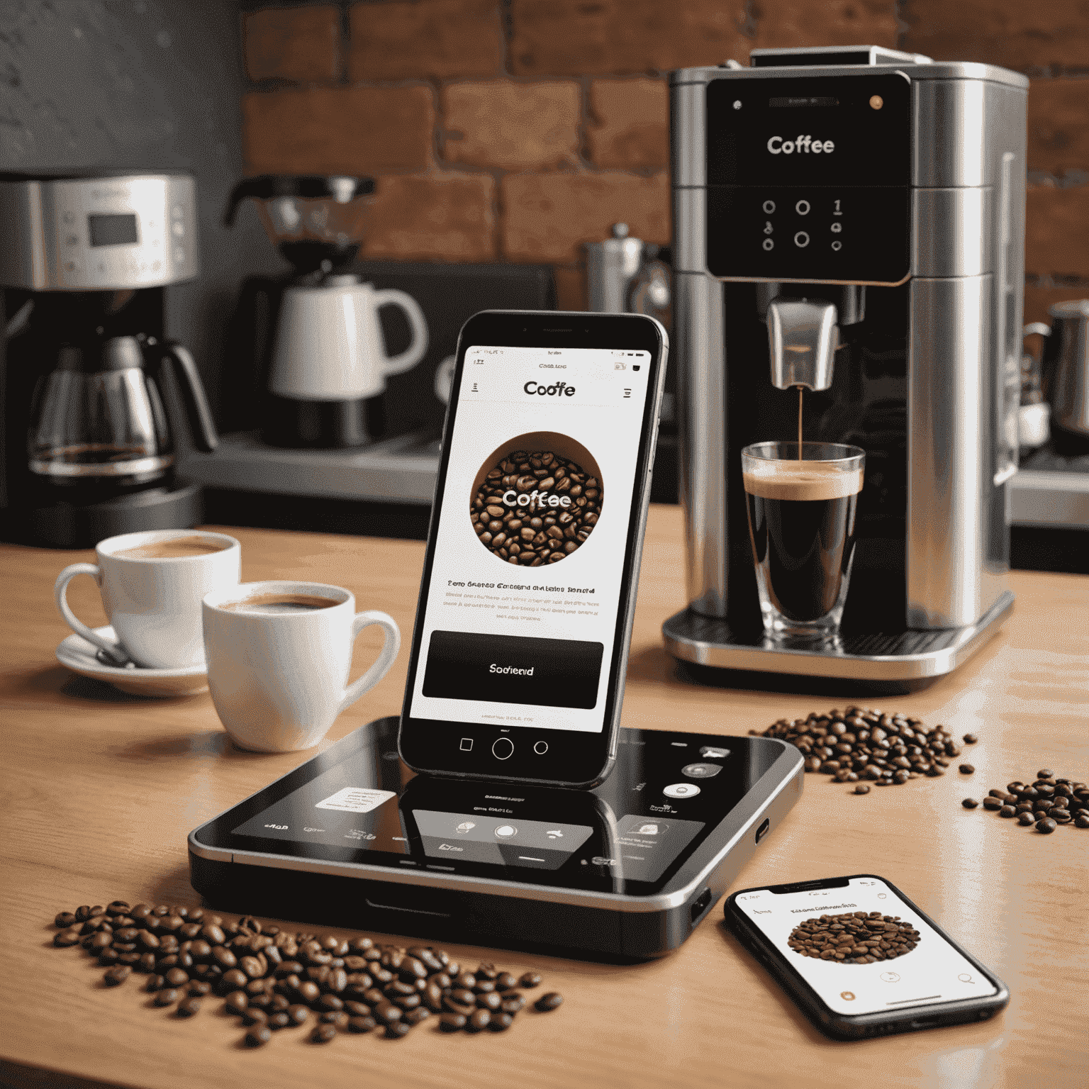 A smartphone displaying a coffee blend selection app interface, with various coffee beans and a modern coffee machine in the background