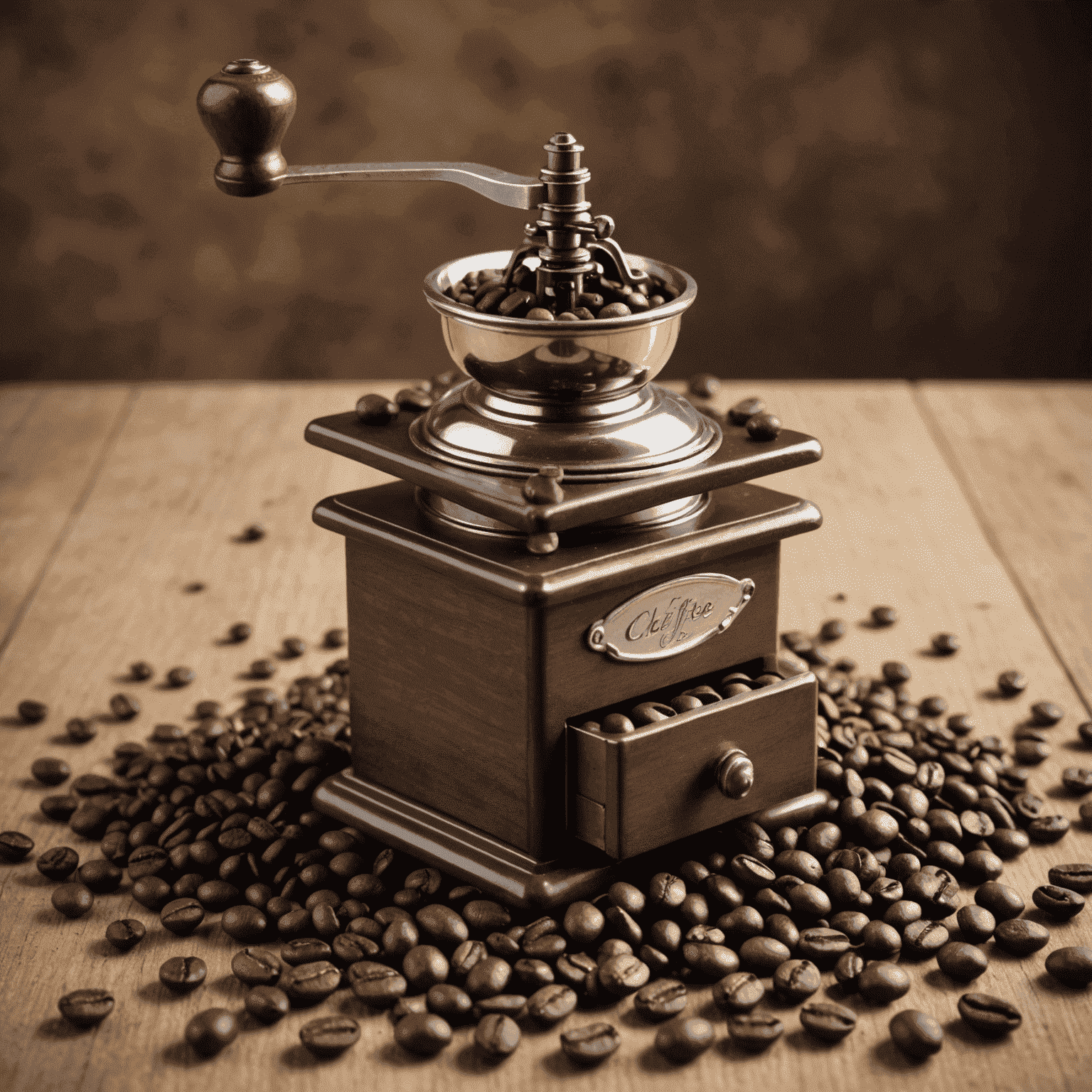 A coffee grinder with various coffee beans scattered around, representing the blend selection process