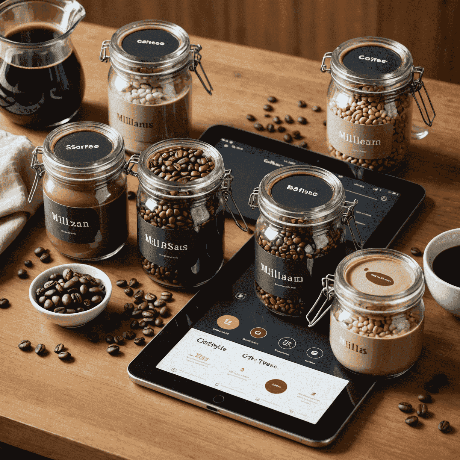 Various coffee blends in glass jars with a tablet showing the Millbeans app interface for saving recipes