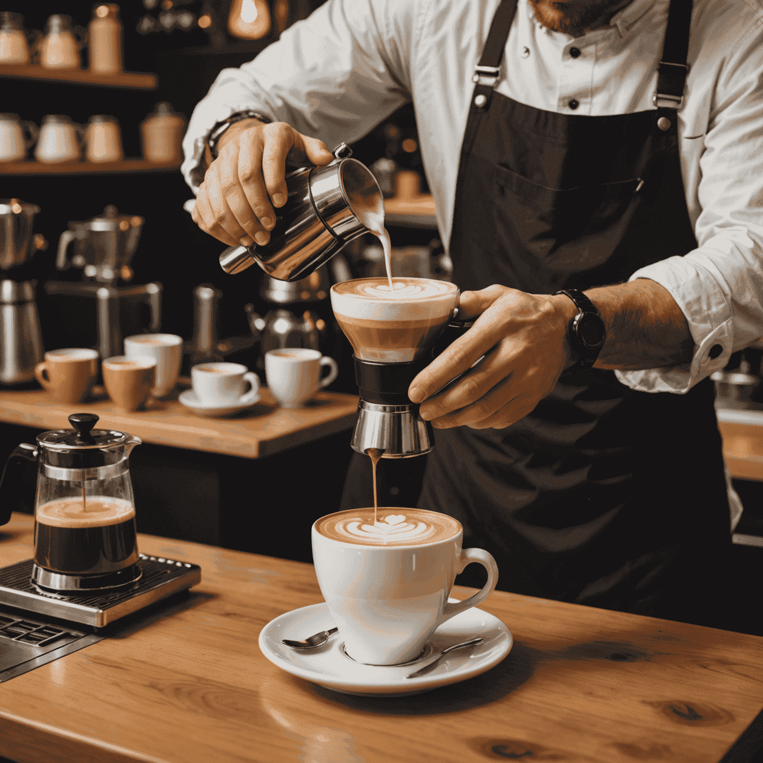 A professional barista demonstrating latte art and coffee preparation techniques