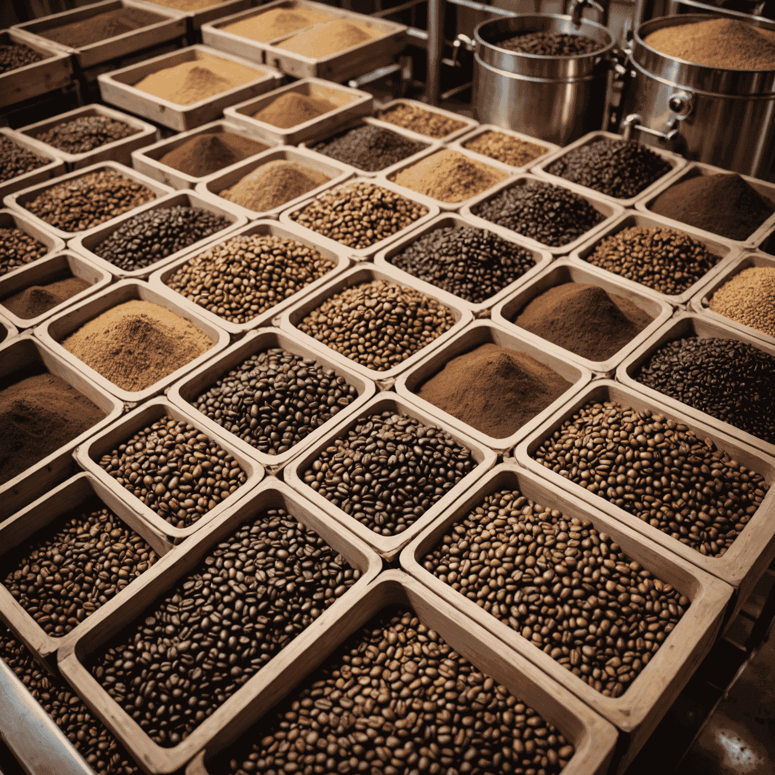 Coffee beans undergoing various experimental processing methods, with different colored fermentation tanks and drying beds visible