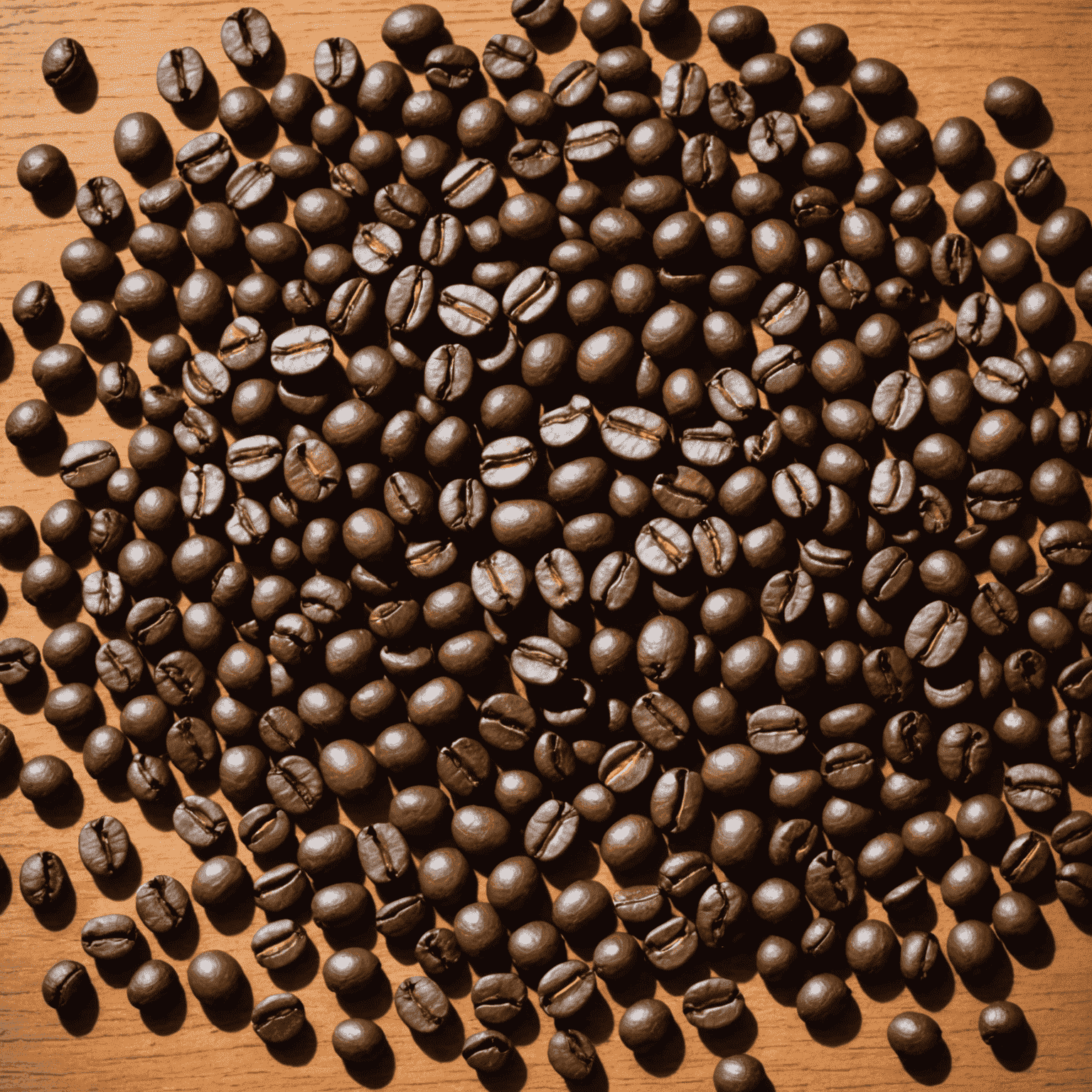 A variety of coffee beans in different shades and sizes, arranged artfully on a wooden table