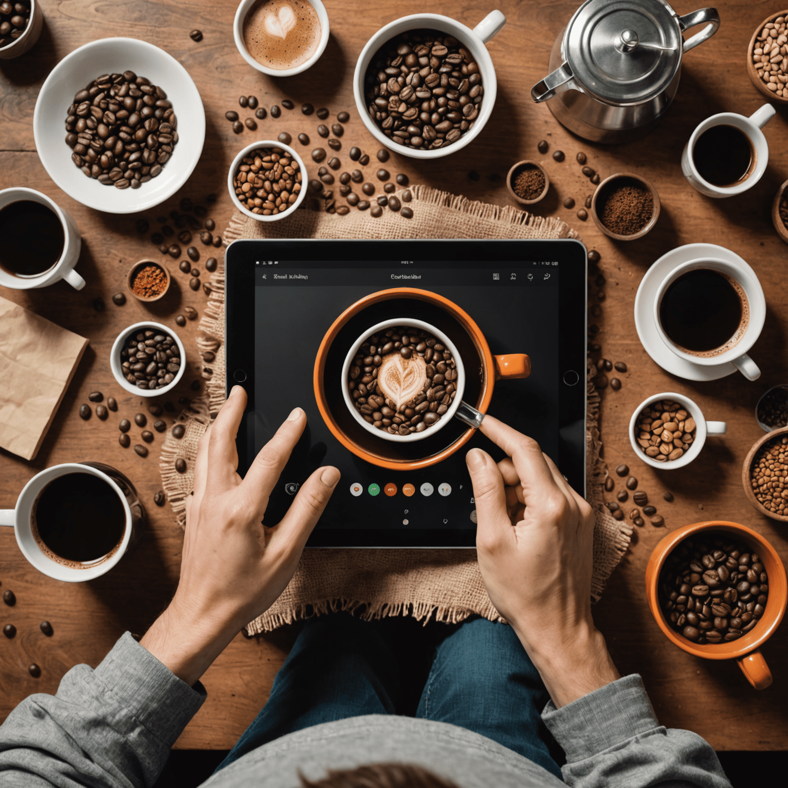 A person using the Millbeans app on a tablet, surrounded by different types of coffee beans and brewing equipment