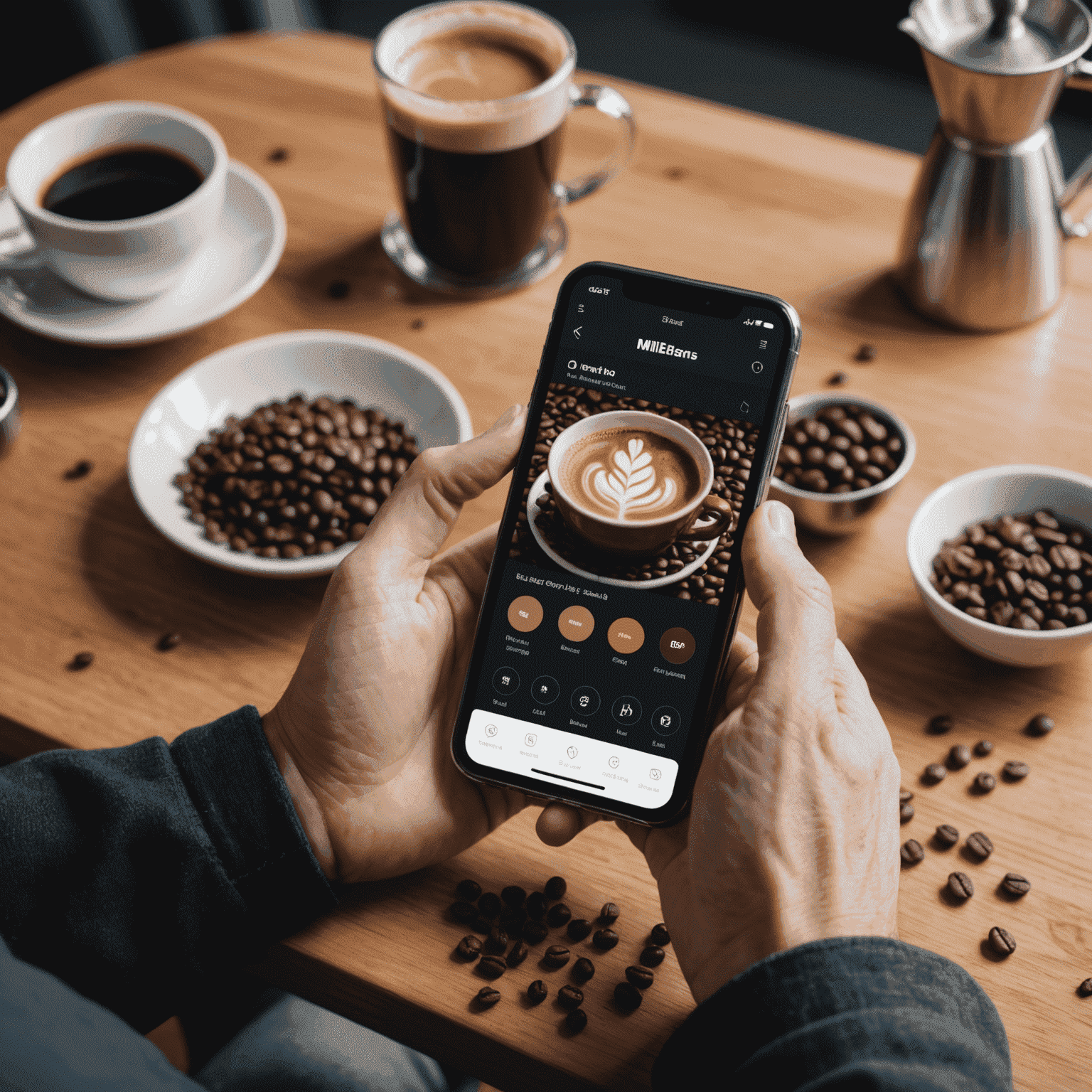 A person using the Millbeans app on a smartphone to create a custom coffee blend, with various coffee beans and a brewing setup in the background