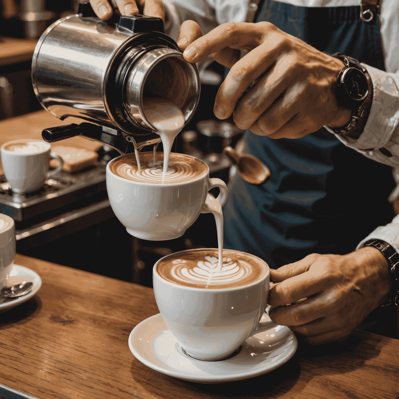 Close-up of a barista's hands pouring steamed milk into a coffee cup, creating intricate latte art