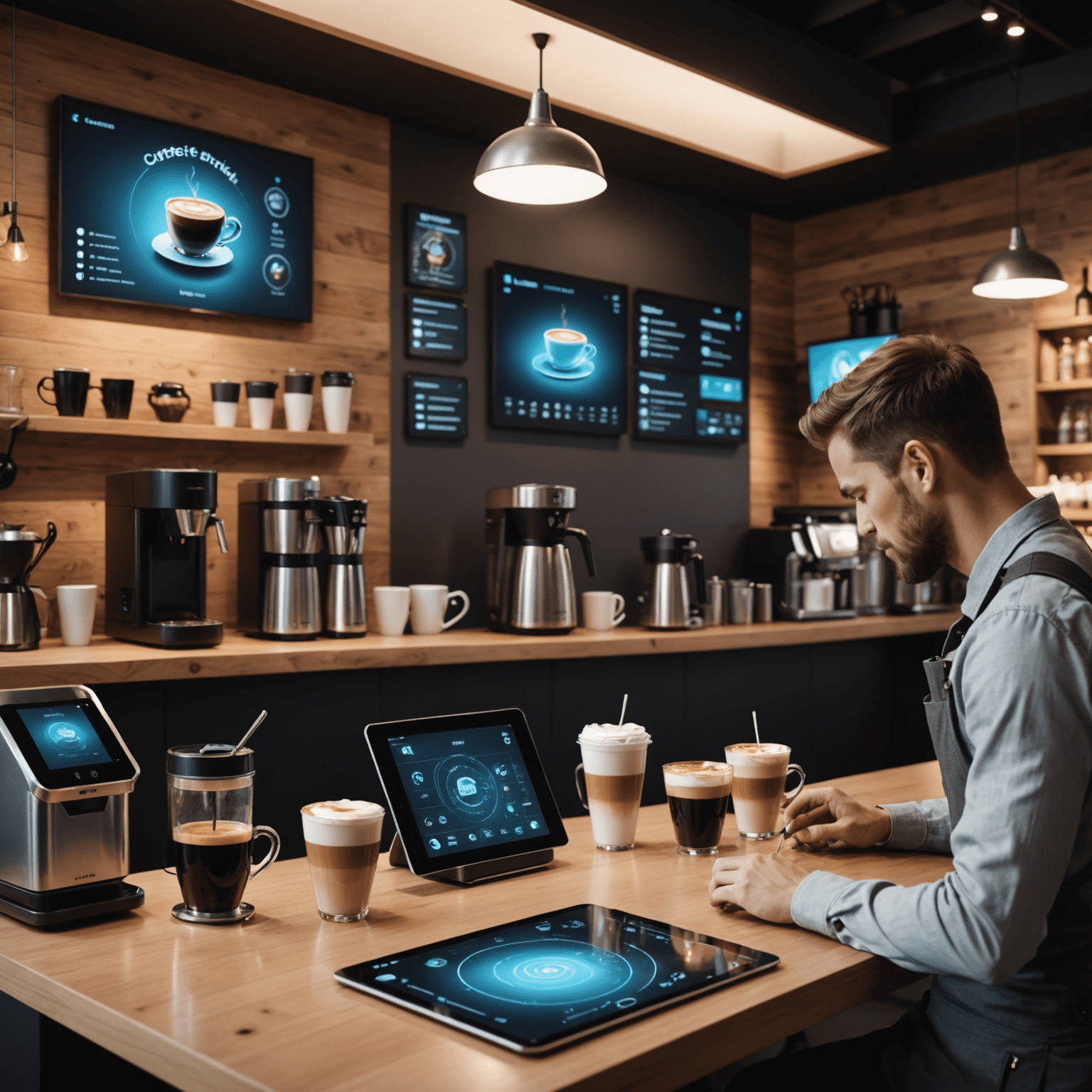 Futuristic coffee shop with holographic menus, robotic baristas, and customers using advanced coffee blend selection apps on various devices