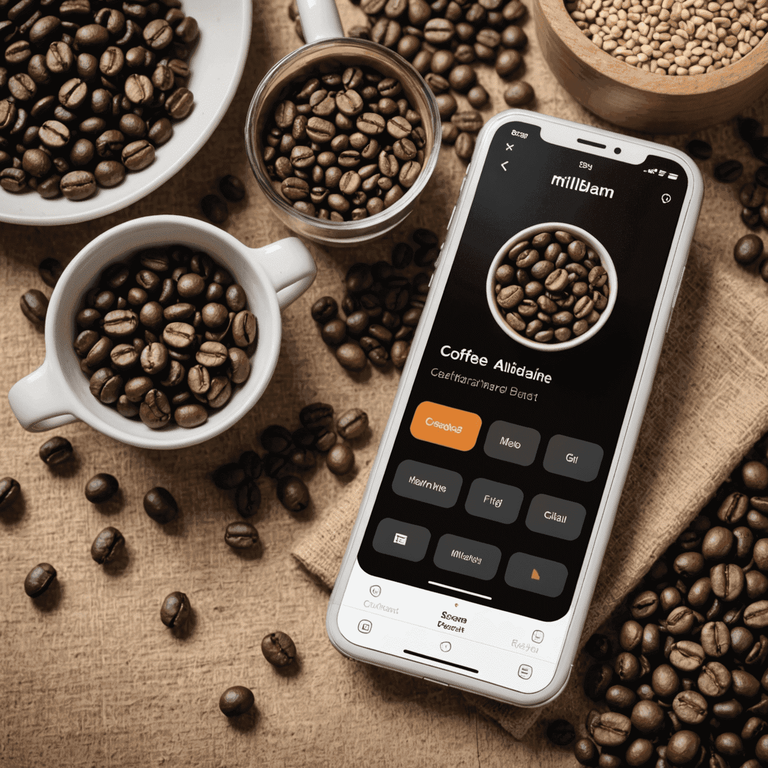 A digital scale with coffee beans and a smartphone displaying the Millbeans app calculator