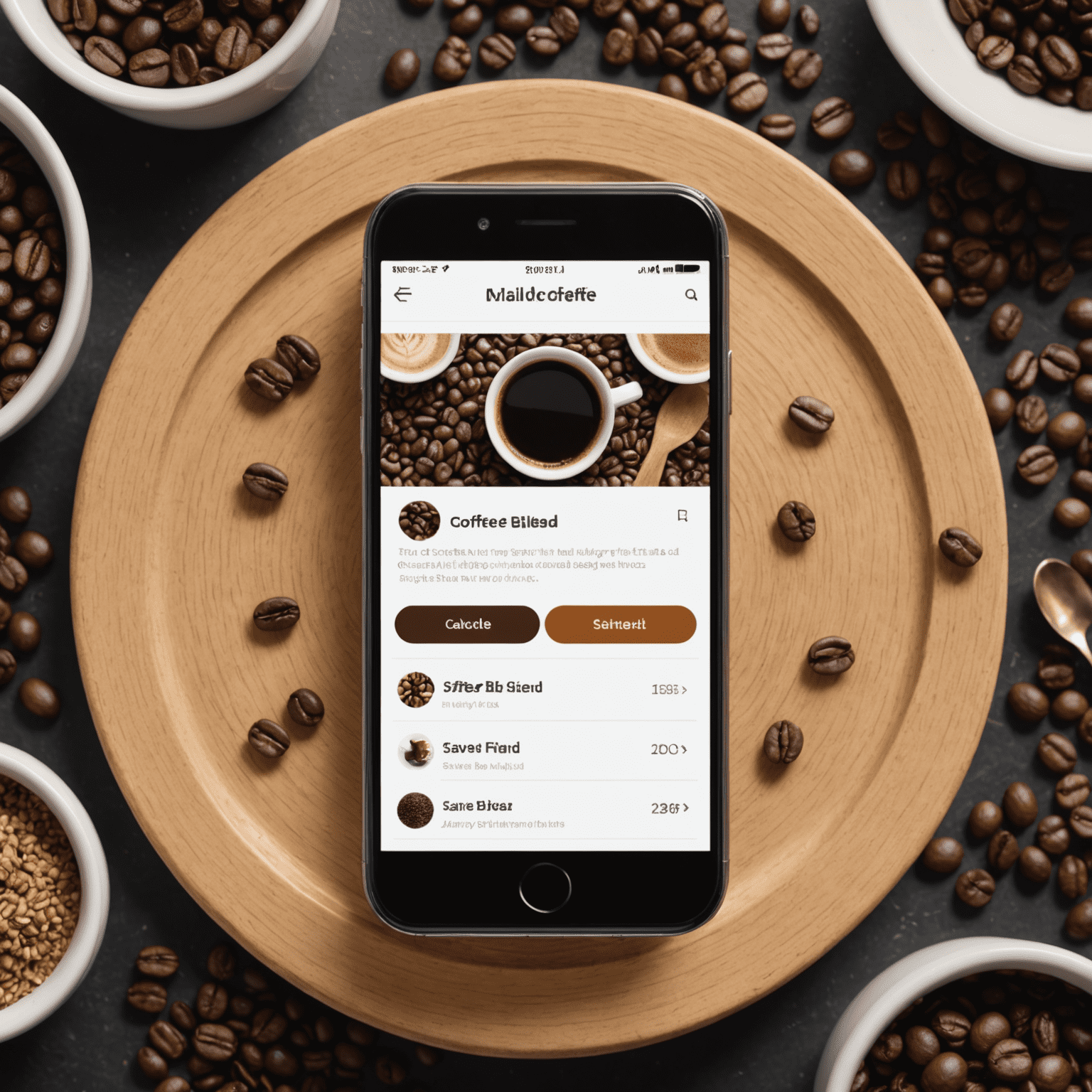 A smartphone displaying the Millbeans app with saved coffee blend recipes and share buttons